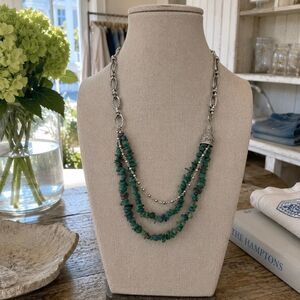 Joan Boyce Crown Necklace Green Faux Jade Triple Strand Silver Tone